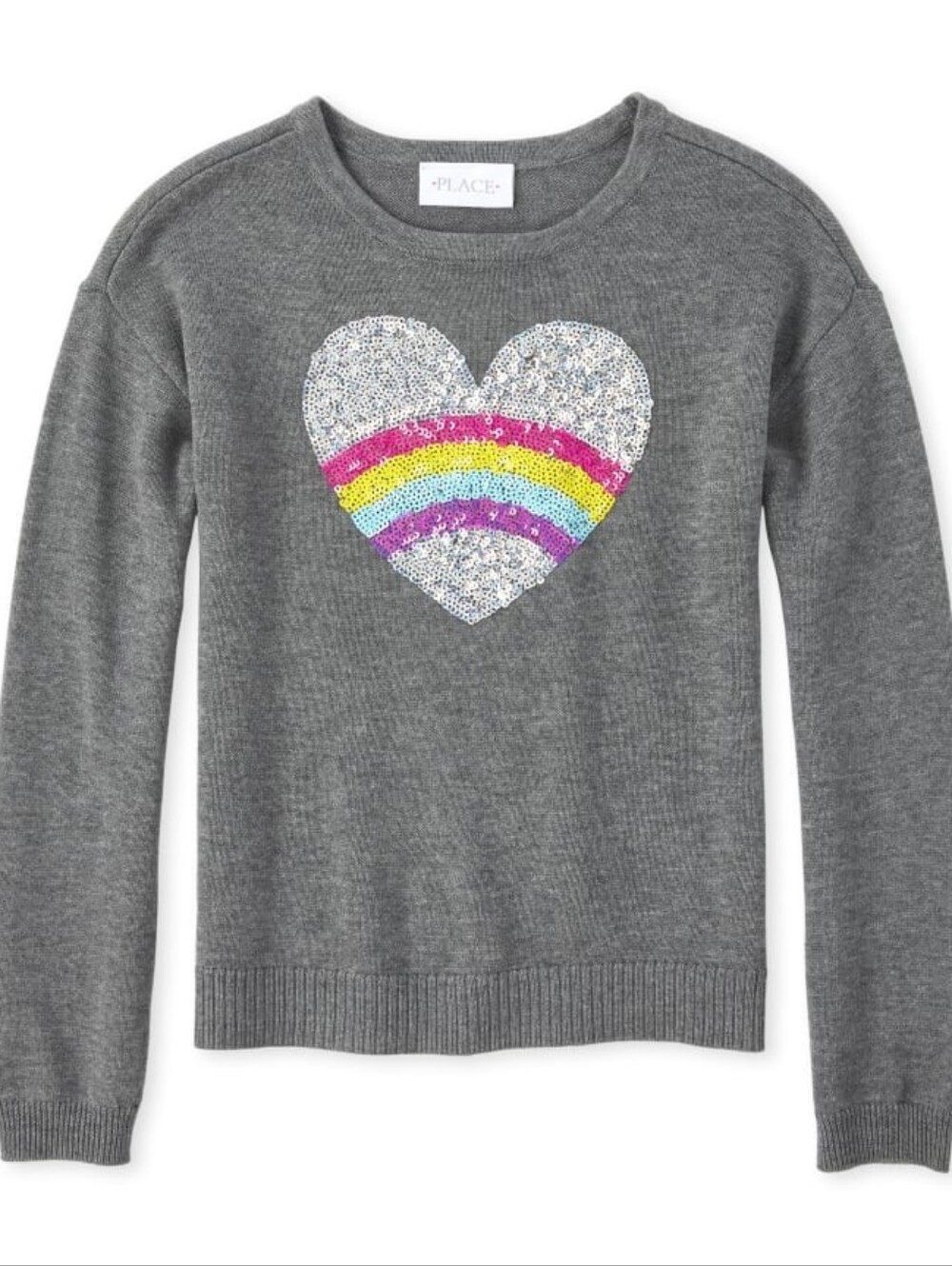 Children' Place Girls Sequin Rainbow Heart Gray Sweater Size 16